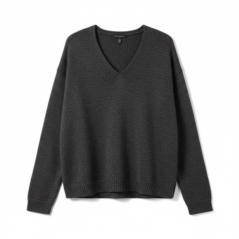 Eileen Fisher V-Neck Sweater L Dark Grey Metallic Linen Blend Boxy Minimalist